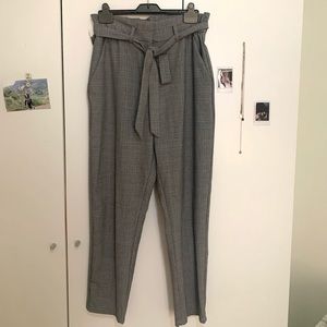 Grey Plaid Paper Bag Trousers